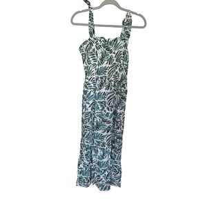 Cupshe XL Maxi Dress Green White Leaf‎ Print Tie Strap Smocked Sundress
